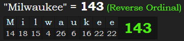 "Milwaukee" = 143 (Reverse Ordinal)