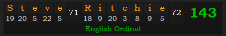 "Steve Ritchie" = 143 (English Ordinal)