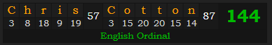 "Chris Cotton" = 144 (English Ordinal)