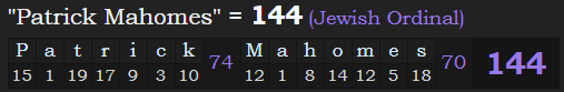 "Patrick Mahomes" = 144 (Jewish Ordinal)