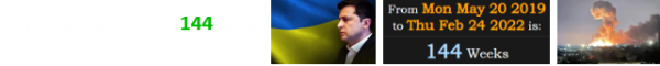 The invasion occurred 144 weeks after Zelenskyy became President: