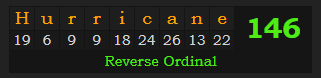 "Hurricane" = 146 (Reverse Ordinal)