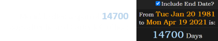 Mondale died a span of 14700 days after he and Carter left office: