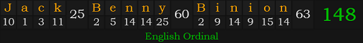 "Jack Benny Binion" = 148 (English Ordinal)