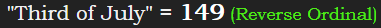 "Third of July" = 149 (Reverse Ordinal)