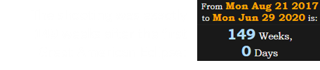 The shooting was exactly 149 weeks after the first Great American Eclipse: