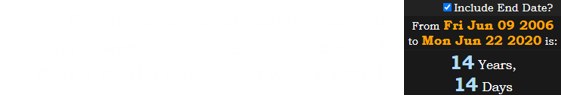 The day after, when LaJoie made his “Cars” Tweet, was a span of 14 years, 14 days after the movie Cars was released: