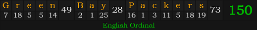 "Green Bay Packers" = 150 (English Ordinal)