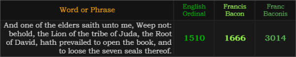 And one of the elders saith unto me, Weep not: behold, the Lion of the tribe of Juda, the Root of David, hath prevailed to open the book, and to loose the seven seals thereof = 1510, 1666, and 3014