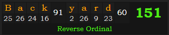 "Back yard" = 151 (Reverse Ordinal)