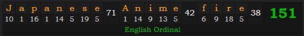 "Japanese Anime fire" = 151 (English Ordinal)