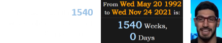 Enes was exactly 1540 weeks old on the date of his FOX appearance: