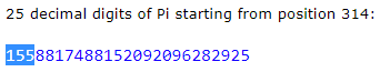 The digits 155 appear at the 314th decimal of pi