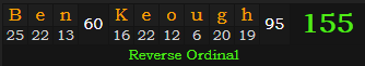 "Ben Keough" = 155 (Reverse Ordinal)