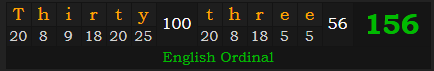 "Thirty-three" = 156 (English Ordinal)