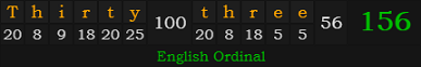 "Thirty-three" = 156 (English Ordinal)