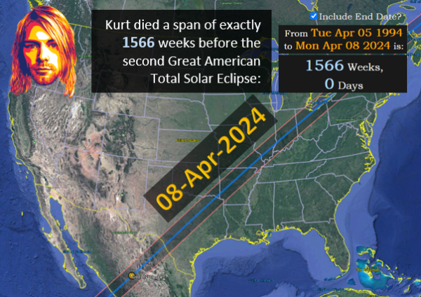 Kurt died a span of exactly 1566 weeks before the second Great American Total Solar Eclipse:
