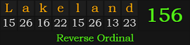 "Lakeland" = 156 (Reverse Ordinal)