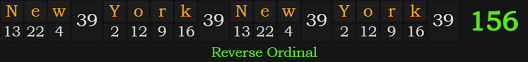 "New York, New York" = 156 (Reverse Ordinal)