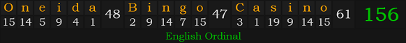 "Oneida Bingo Casino" = 156 (English Ordinal)