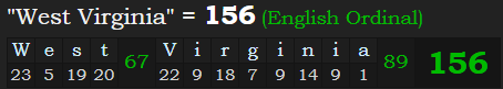 "West Virginia" = 156 (English Ordinal)