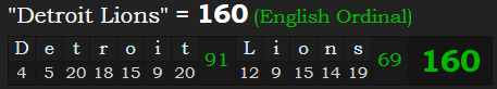 "Detroit Lions" = 160 (English Ordinal)