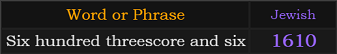 "Six hundred threescore and six" = 1610 (Jewish)