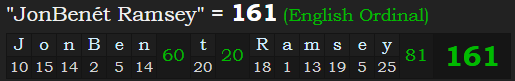 "JonBenét Ramsey" = 161 (English Ordinal)