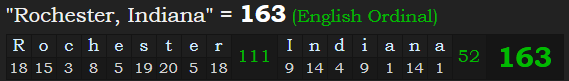 "Rochester, Indiana" = 163 (English Ordinal)