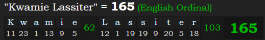 "Kwamie Lassiter" = 165 (English Ordinal)