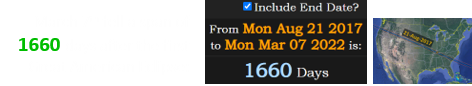 March 7th fell a span of 1660 days after the first Great American Eclipse: