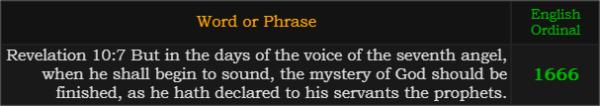 Revelation 10:7 But in the days of the voice of the seventh angel, when he shall begin to sound, the mystery of God should be finished, as he hath declared to his servants the prophets. 