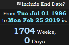 1704 Weeks, 0 Days