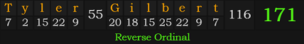 "Tyler Gilbert" = 171 (Reverse Ordinal)