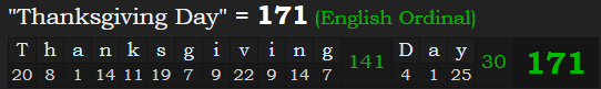 "Thanksgiving Day" = 171 (English Ordinal)