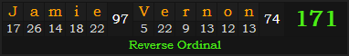 "Jamie Vernon" = 171 (Reverse Ordinal)