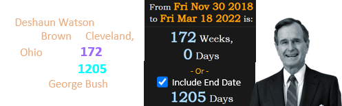 Deshaun Watson became a Brown in Cleveland, Ohio exactly 172 weeks (or a span of 1205 days) after George Bush died: