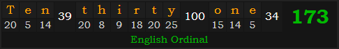 "Ten thirty-one" = 173 (English Ordinal)