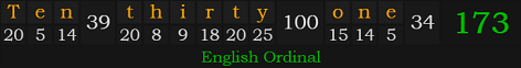 "Ten thirty-one" = 173 (English Ordinal)
