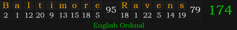 "Baltimore Ravens" = 174 (English Ordinal)