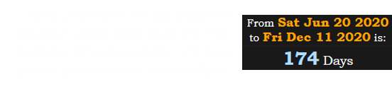 June twentieth will be a span of exactly 1 week after Trump's 74th birthday. It's also exactly 174 days before the next total solar eclipse: