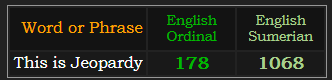 This is Jeopardy = 178 Ordinal and 1068 Sumerian