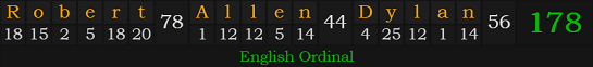 "Robert Allen Dylan" = 178 (English Ordinal)