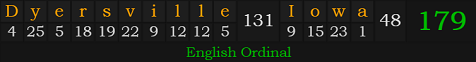 "Dyersville, Iowa" = 179 (English Ordinal)