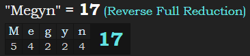 "Megyn" = 17 (Reverse Full Reduction)