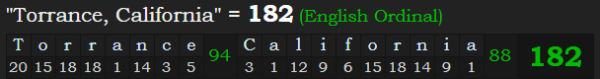 "Torrance, California" = 182 (English Ordinal)