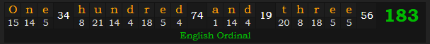 "One hundred and three" = 183 (English Ordinal)