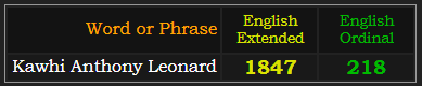 Kawhi Anthony Leonard = 1847 Extended and 218 Ordinal