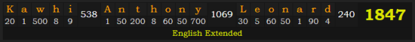 "Kawhi Anthony Leonard" = 1847 (English Extended)