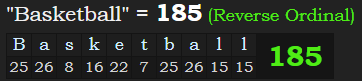 "Basketball" = 185 (Reverse Ordinal)